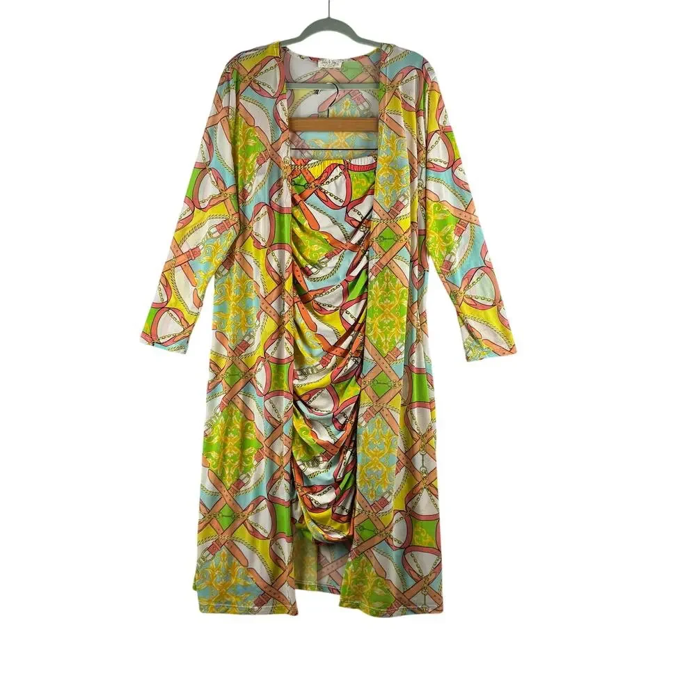 Jolie & Joy Ruched Shirred Bodycon Midi Dress Sheer Cardigan Set Womens 2X READ